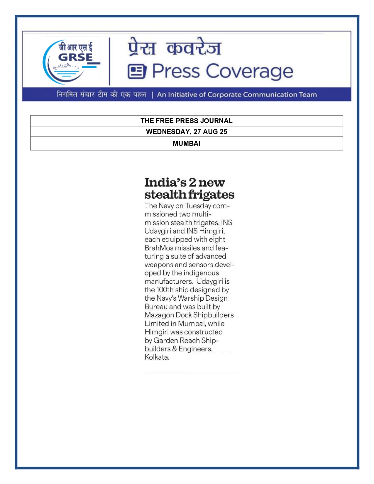 Press Coverage : 27 Aug 25:India will build its own warships,import no more:Rajnath